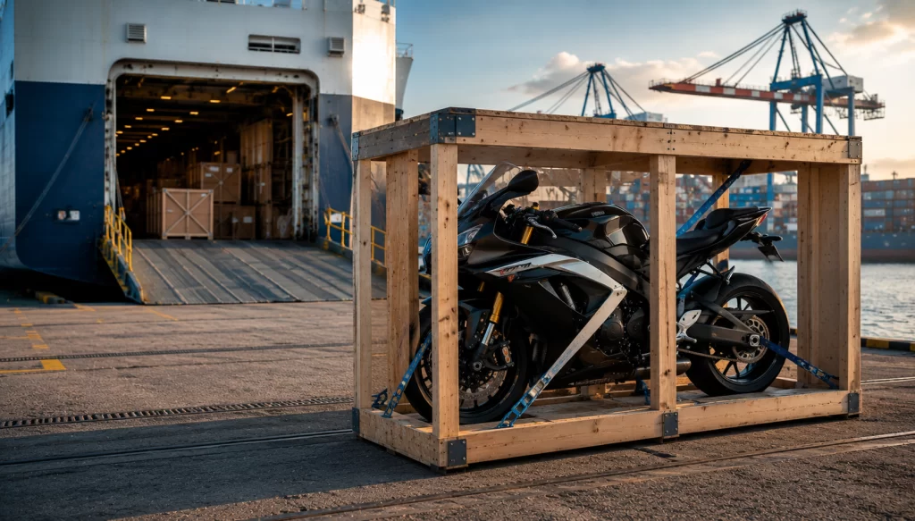 Motorcycle secured in ISPM-15 timber crate for international sea freight shipping from the UK