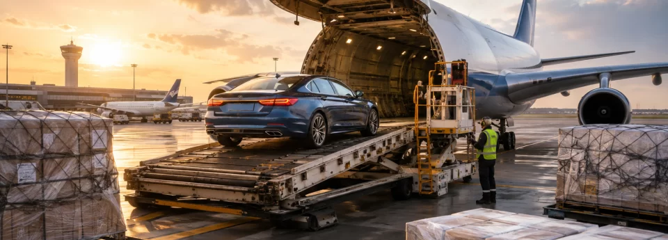 Cargo aircraft being loaded with vehicle shipment at UK airport — Ship Cars Ltd air freight service