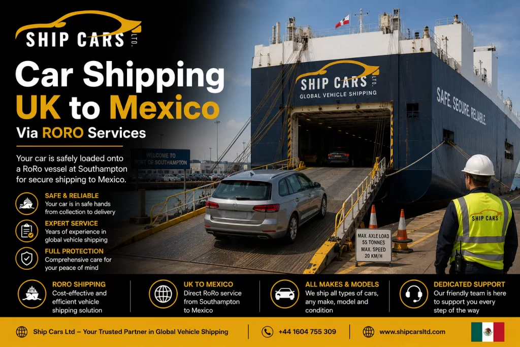 car being loaded onto a RoRo vessel at Southampton for shipping to Mexico