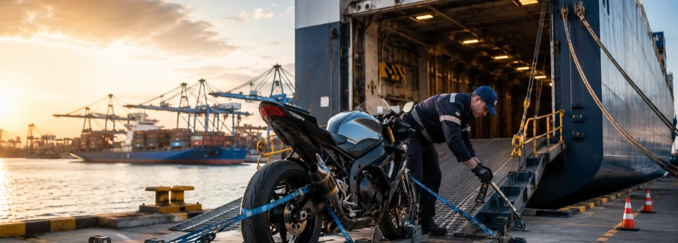 Ship a motorcycle from the UK by container or road freight. Costs, transit times, documents and free quotes — Ship Cars Ltd.